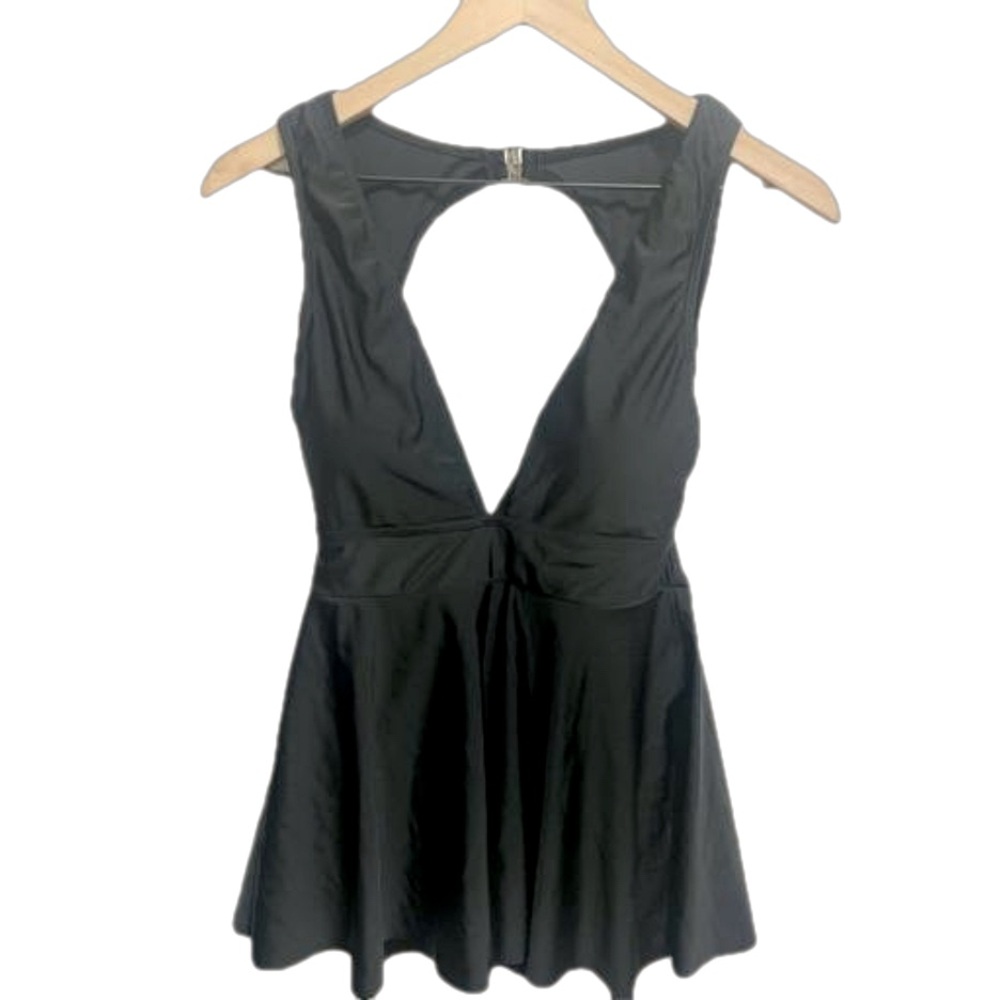 Black deep plunge one-piece swimsuit with full coverage skirt and bottoms